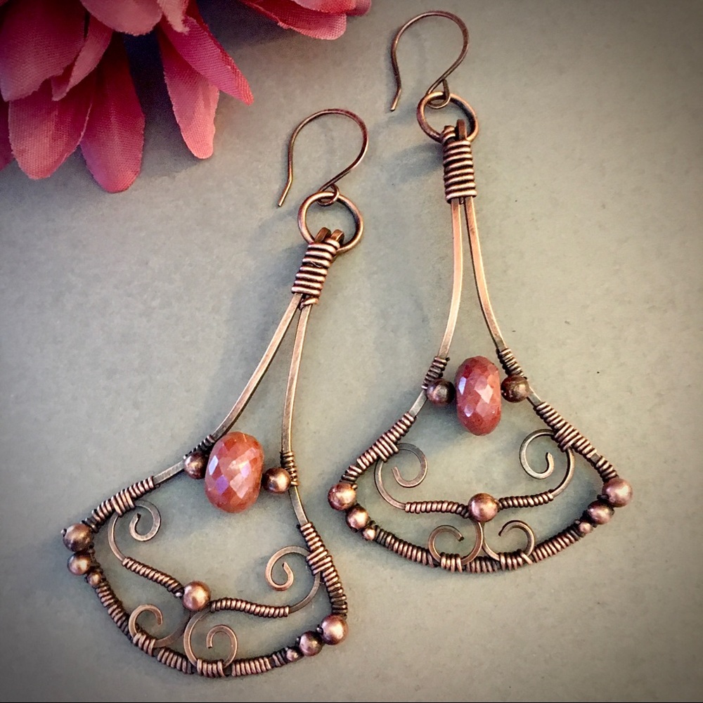 Peach moonstone wire wrapped statement earrings - Picture 1 of 5
